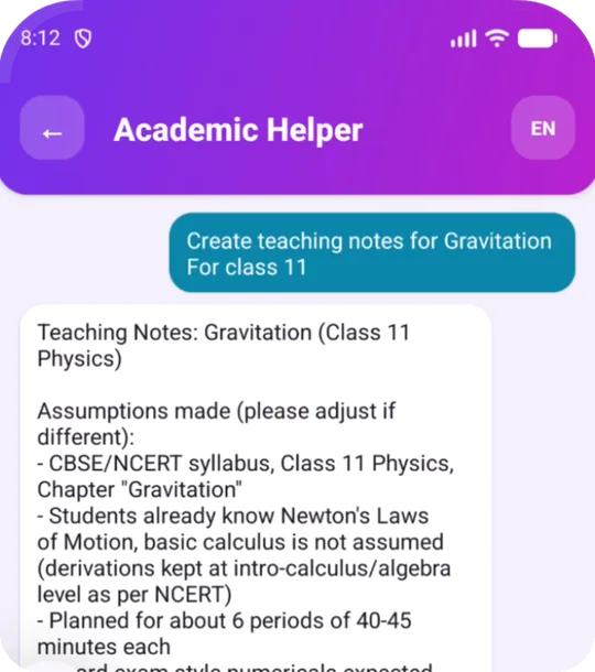 Smart Gurukul AI helper preparing Class 11 physics teaching notes on Gravitation