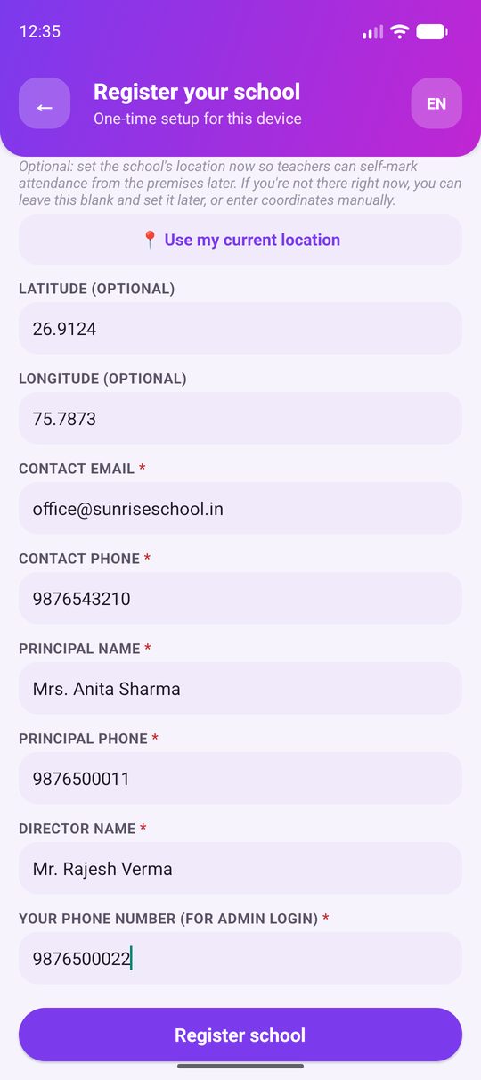 Lower half of the register form: location, contact email and phone, principal, director and admin phone