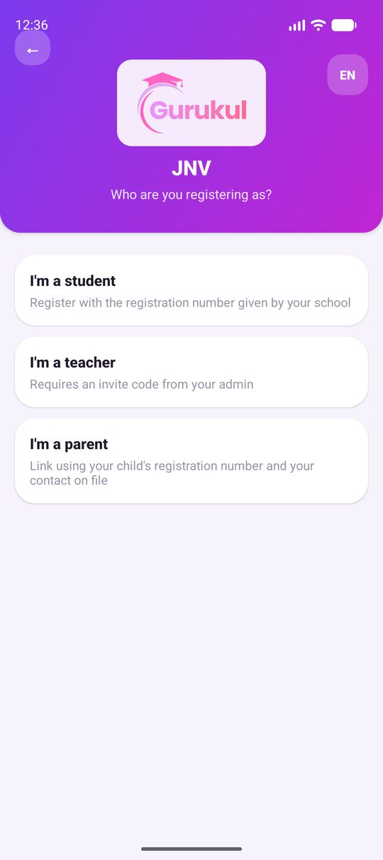 Create an account screen asking who you are registering as: student, teacher or parent