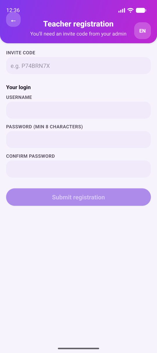 Teacher registration form with invite code, username and password
