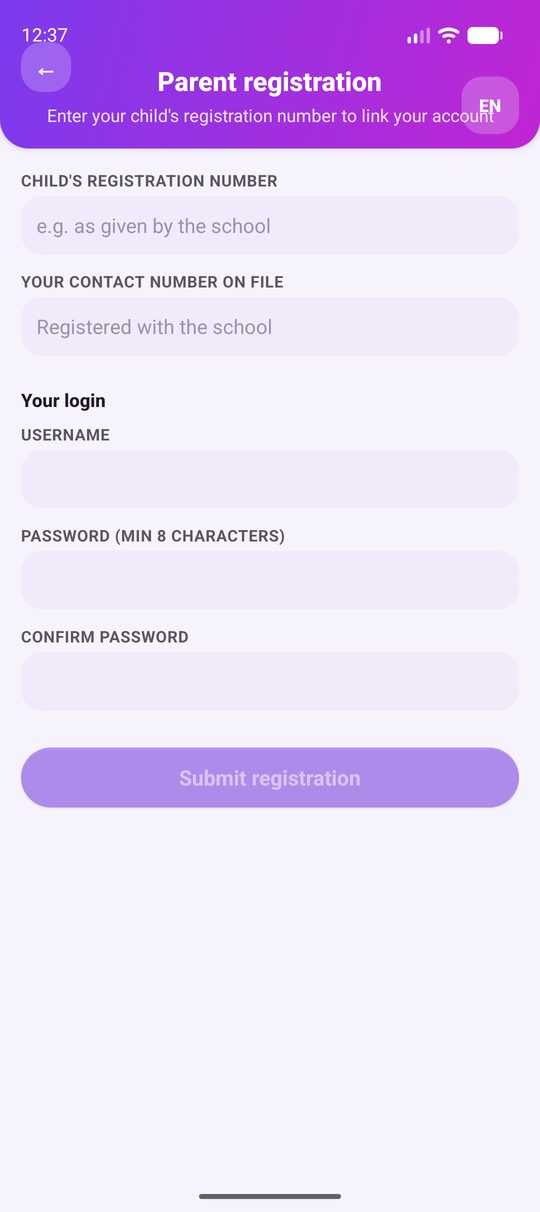 Parent registration form with child's registration number and contact number on file