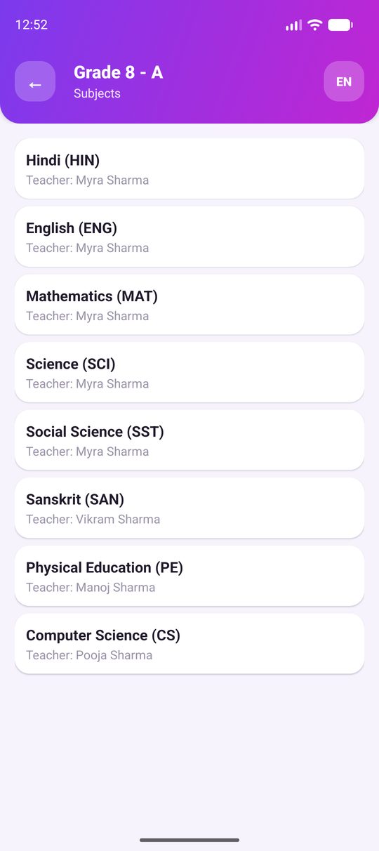 Subjects list with each subject's teacher