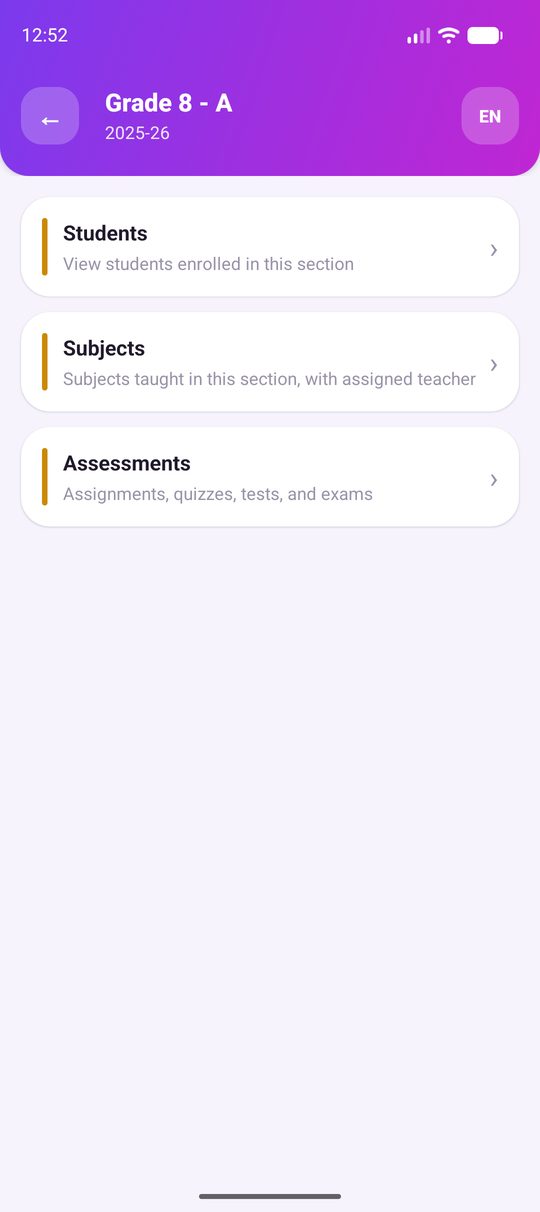 My Class screen with students, subjects and assessments