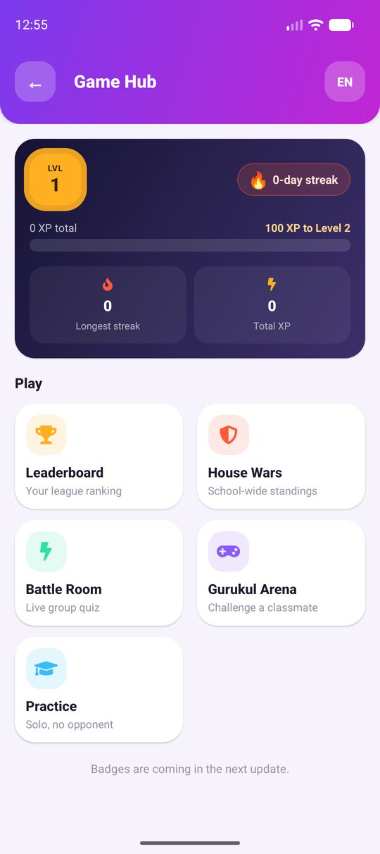Game Hub with level, streak, leaderboard, house wars, battle room, arena and practice