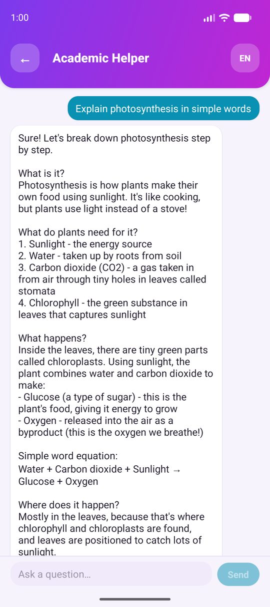 Academic Helper answering a question about photosynthesis