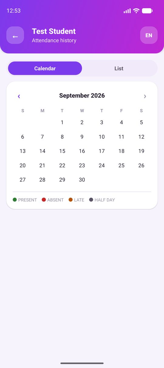 Attendance calendar with present, absent, late and half-day legend