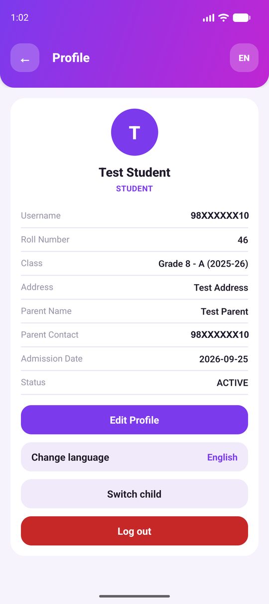 Profile screen with details, change language, switch child and log out